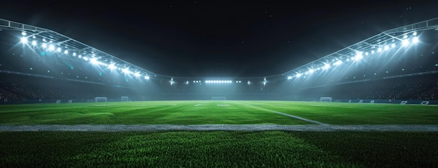 Vista noturna do estádio de futebol com campo verde