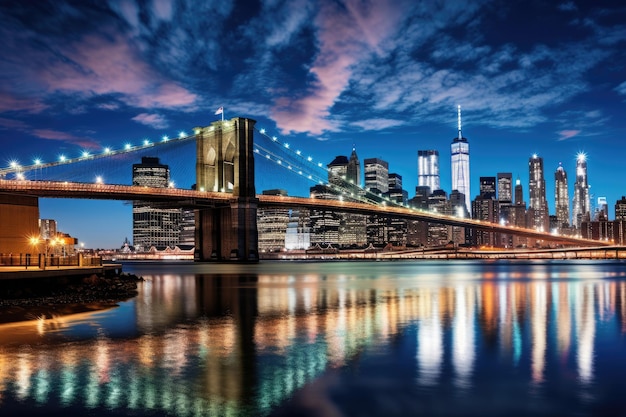 Foto vista noturna do horizonte de manhattan e da ponte de brooklyn new york city east river mit blick auf manhattan und die brooklyn bridge new york usa gerado por ia