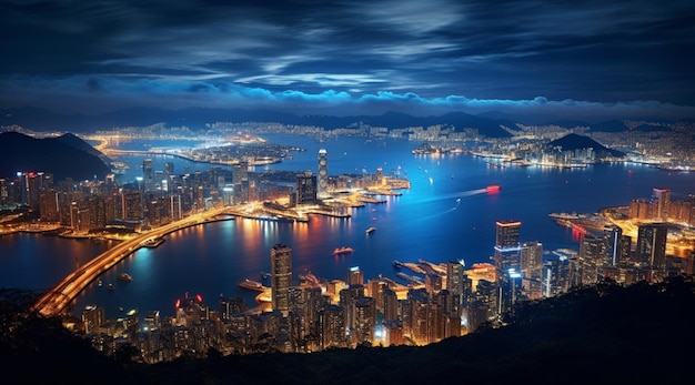 Vista noturna do porto de Victoria, em Hong Kong
