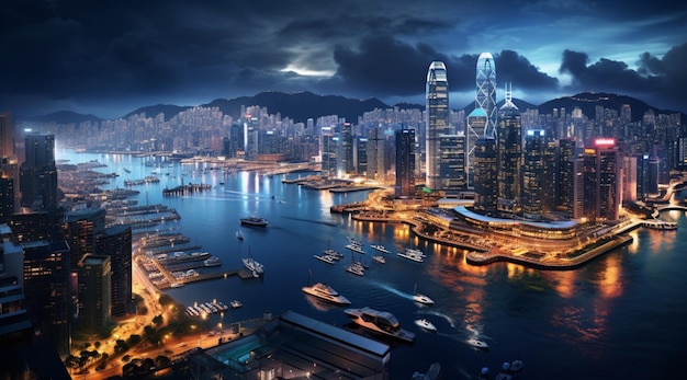 Vista noturna do porto de Victoria, em Hong Kong