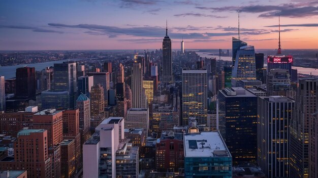 Vista noturna do telhado de Nova Jersey do centro de Manhattan com arranha-céus urbanos