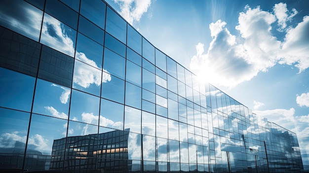 Vista de las nubes reflejadas en el edificio de oficinas de cristal curvo