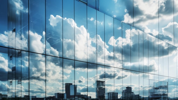 Vista de las nubes reflejadas en el edificio de oficinas de cristal curvo