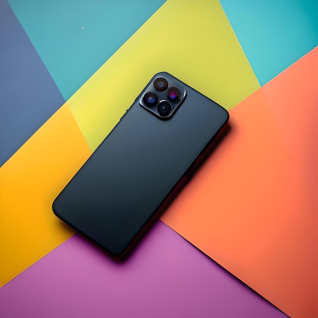 Vista de un nuevo teléfono móvil sobre un fondo colorido