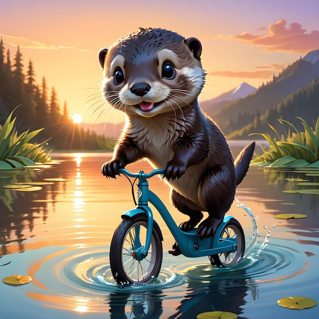 La vista de una nutria curiosa saltando en una pequeña bicicleta y pedaleando a través de las aguas tranquilas era tr