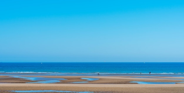 Vista del océano con gente en la playa caminando con fondo de cielo despejado