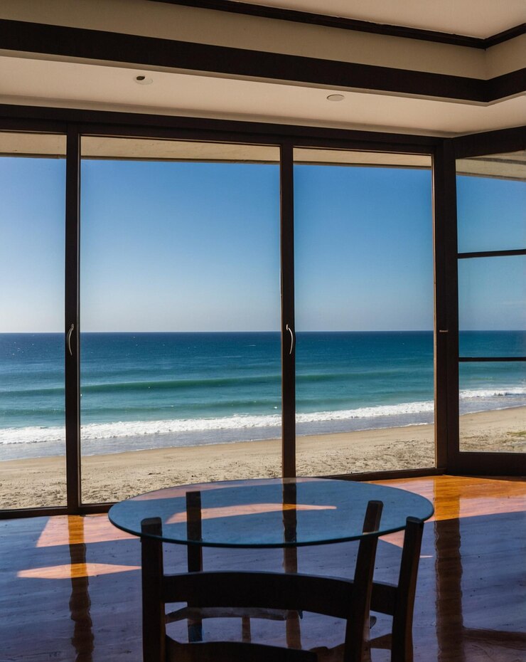una vista del océano desde una habitación con una mesa y sillas
