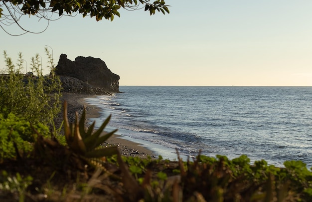 Vista del océano con una roca solitaria en una playa