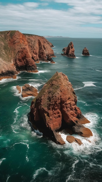 Una vista del océano y las rocas desde el aire.