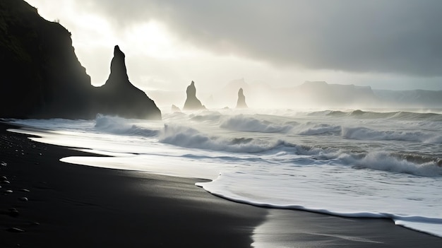 Vista de las olas del océano Atlántico de la costa de arena tenue en Islandia Generado por IA