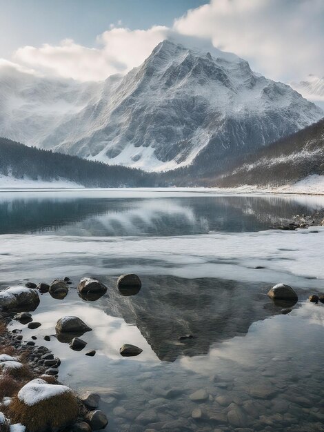 Vista de la orilla del lago en invierno