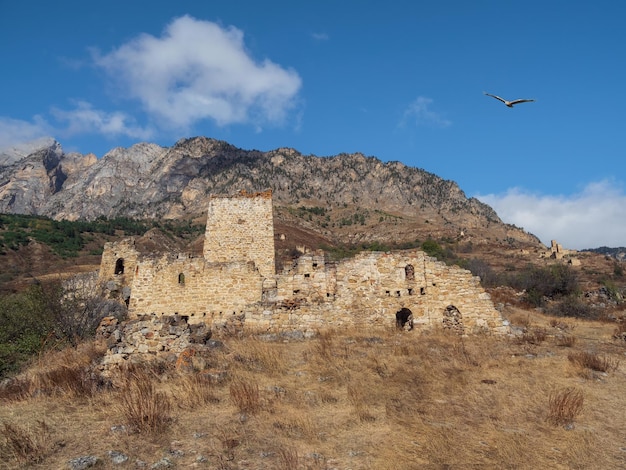 Vista otoñal del antiguo complejo de torres Egical, uno de los pueblos medievales más grandes de torre tipo castillo ubicado en el extremo de la cordillera en Ingushetia Rusia