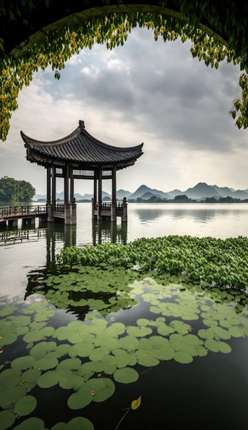 Vista de una pagoda en el ai generativo del lago medio