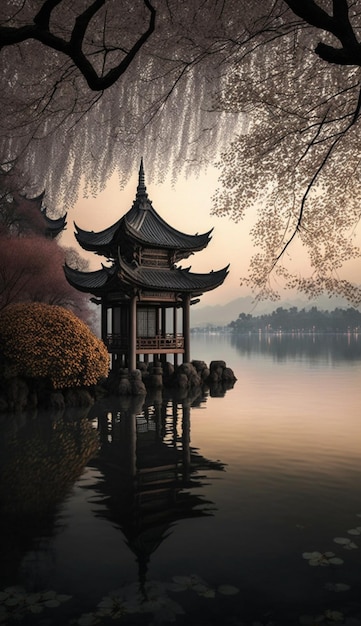 Vista de la pagoda en el ai generativo del lago medio