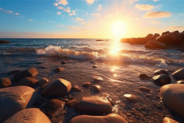 Vista paisagística da beleza do nascer do sol na praia com grandes rochas e ondas relaxantes generativas ai