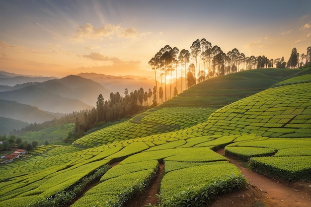 Vista paisagística de uma plantação de chá ao pôr do sol, munnar, estado de kerala, índia