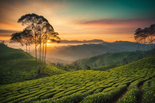 Vista paisagística de uma plantação de chá ao pôr do sol, munnar, estado de kerala, índia