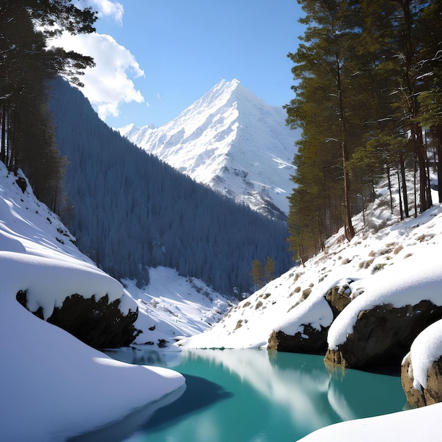 Vista del paisaje del arte generativo de las grandes montañas cubiertas de nieve por AI