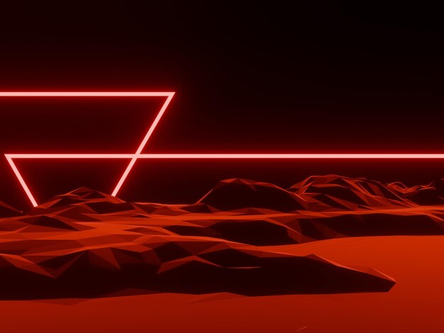 Vista del paisaje de baja poli roja 3D con luz de neón