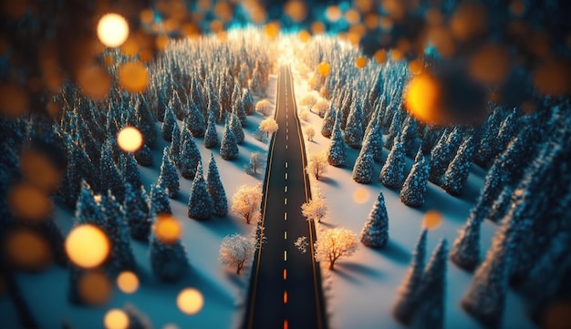 Vista de un paisaje de bosque sereno con una carretera en medio de la IA generativa de nieve