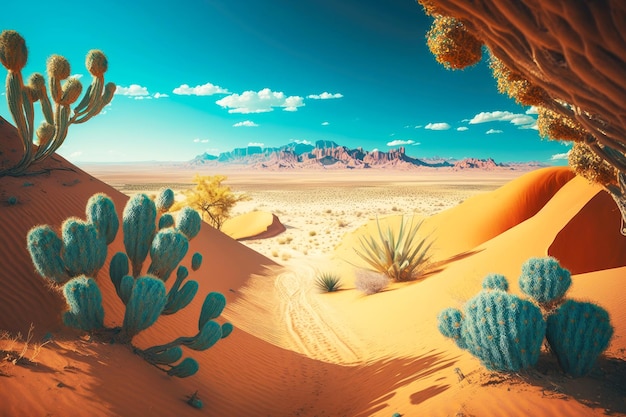 Vista del paisaje del desierto con cactus y dunas de arena contra el cielo azul ai generativo