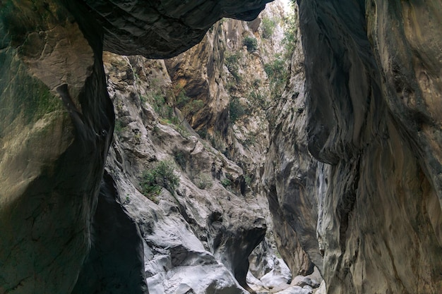 Vista del paisaje de montaña desde el fondo de un cañón profundo