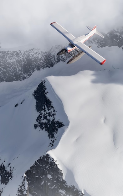 Vista del paisaje montañoso canadiense con vuelo en hidroavión