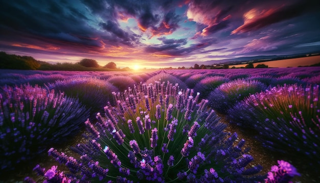 Vista del paisaje natural con campo de lavanda