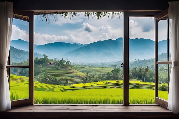 Foto vista del paisaje naturaleza vista de fondo desde la ventana en un maravilloso paisaje vista de la naturaleza con terrazas de arroz y espacio para su texto en chiangmai tailandia indochina