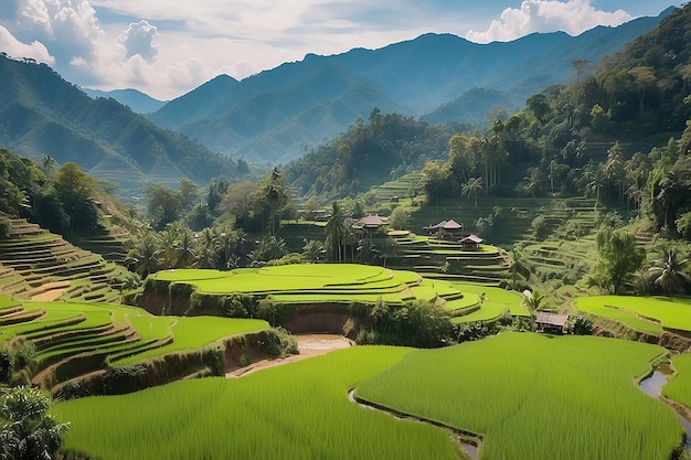 Foto vista del paisaje naturaleza vista de fondo desde la ventana en un maravilloso paisaje vista de la naturaleza con terrazas de arroz y espacio para su texto en chiangmai tailandia indochina