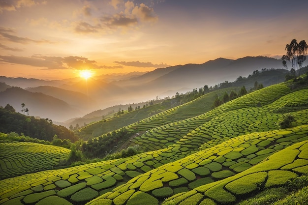 Vista del paisaje de una plantación de té al atardecer en el estado de Munnar, Kerala, India