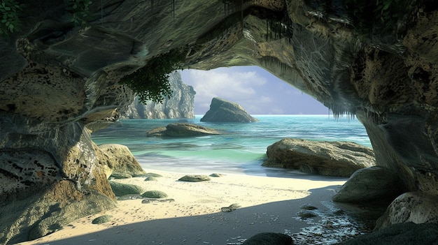 Vista del paisaje en una playa de enormes rocas el punto de vista es desde una caverna que sale en la playa wallp
