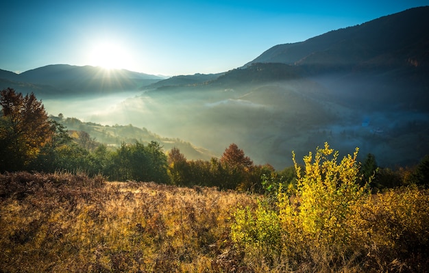 Vista del paisaje en la pradera de ladera con brillante sol naciente