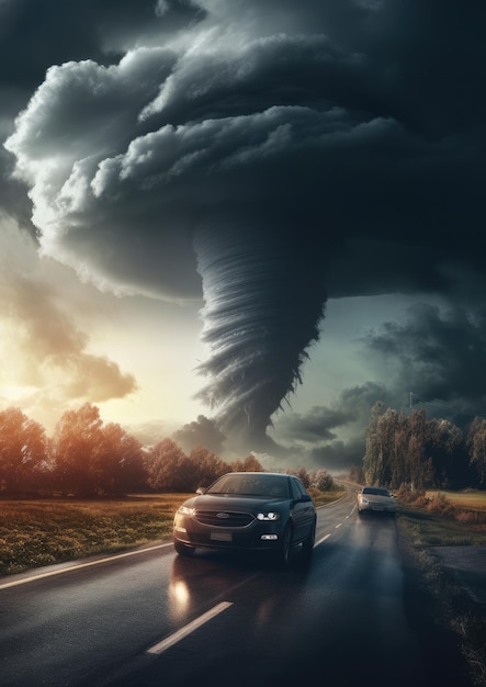 Vista del paisaje en la tormenta de tornado El tiempo destruye el paisaje del planeta Generativo Ai