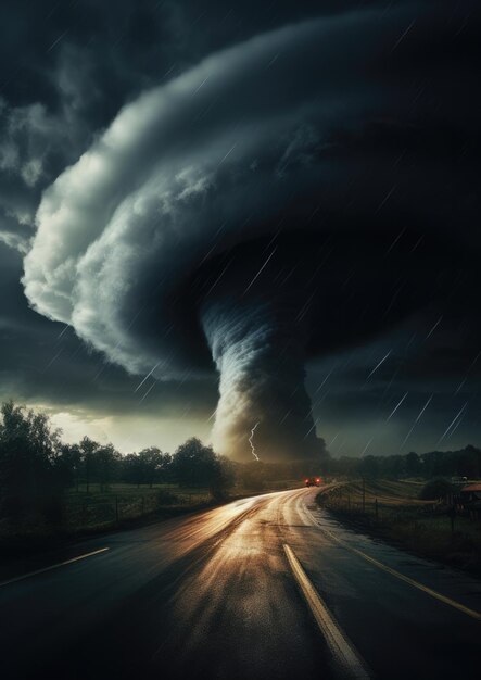 Foto vista del paisaje en la tormenta de tornado el tiempo destruye el paisaje del planeta generativo ai