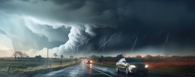 Vista del paisaje en la tormenta de tornado El tiempo destruye el planeta Panorama banner Generative Ai