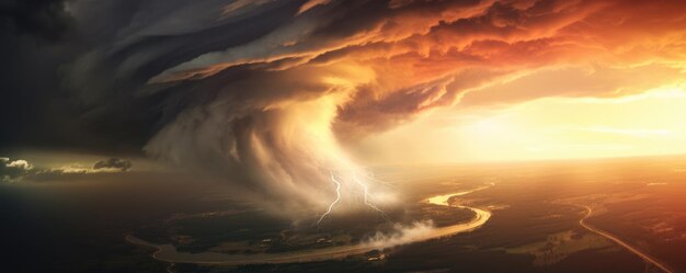 Vista del paisaje en la tormenta de tornado El tiempo destruye el planeta Panorama banner Generative Ai