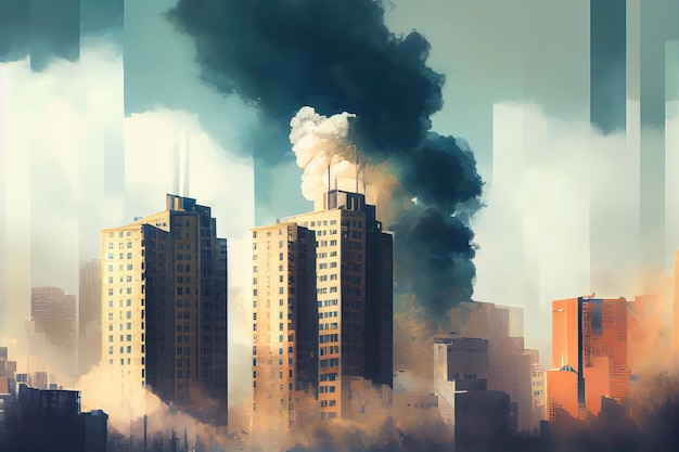Vista del paisaje urbano moderno con humo procedente de las ventanas de los edificios de gran altura
