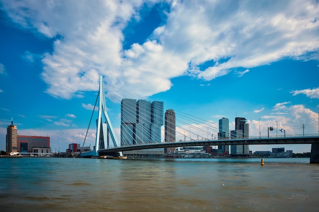 Vista del paisaje urbano de rotterdam con puente erasmusbrug sobre nieuwe maas y rascacielos de arquitectura moderna