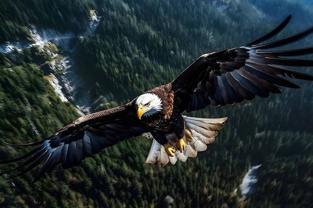 Vista de pájaro Un águila calva en vuelo sobre una cadena montañosa Generativo ai