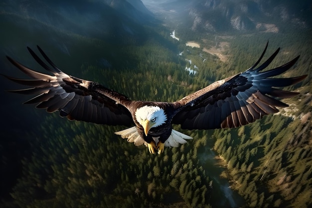 Vista de pájaro Un águila calva en vuelo sobre una cadena montañosa Generativo ai