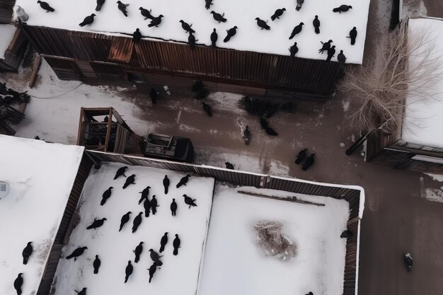 Una vista de pájaro de una bandada de cuervos reunidos en un techo nevado