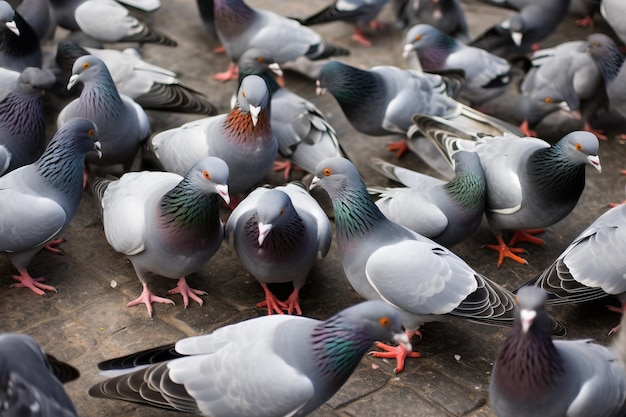 Una vista de pájaro de una bandada de palomas reunidas en una plaza de la ciudad