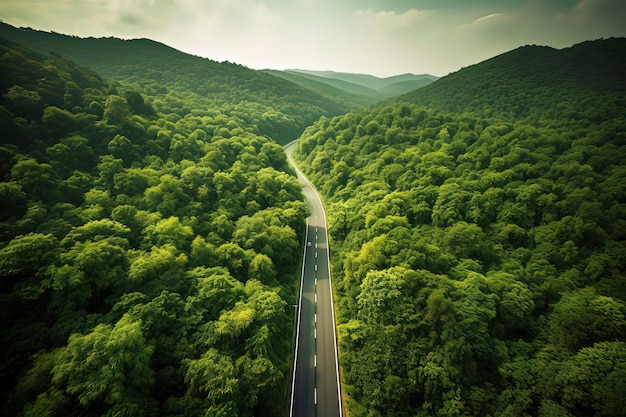 Una vista de pájaro de la carretera en el bosque Imagen generada por tecnología de IA