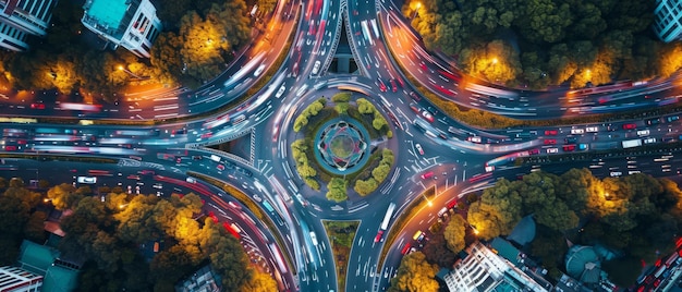 Vista de pájaro de las carreteras y rotondas concurridas que muestran el bullicioso tráfico de automóviles