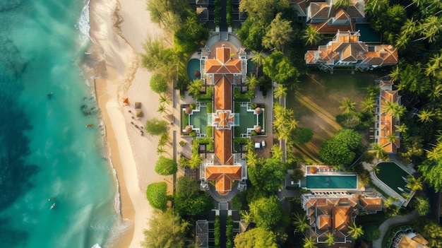 Una vista de pájaro de un complejo turístico frente a la playa