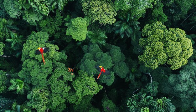 una vista de pájaro de un frondoso dosel de la selva tropical