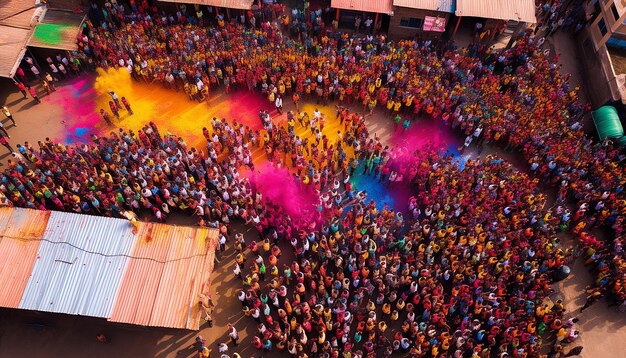 una vista de pájaro de una gran multitud celebrando Holi