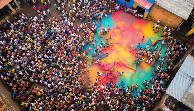 una vista de pájaro de una gran multitud celebrando Holi