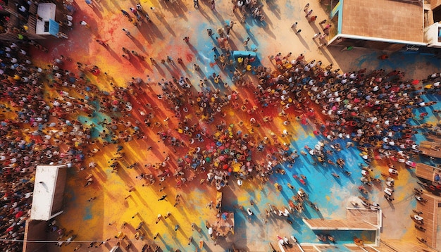 una vista de pájaro de una gran multitud celebrando Holi